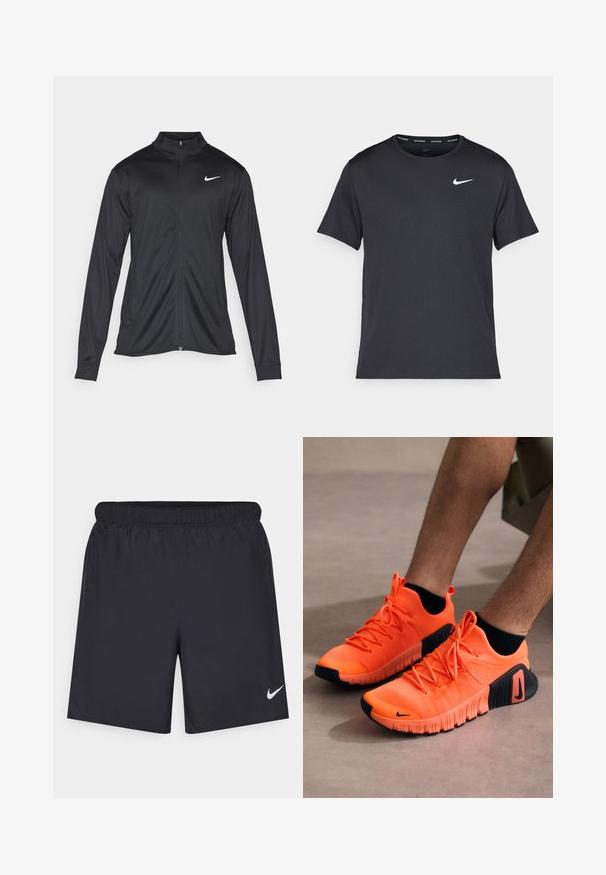 Schwarze Sportjacke mit langen Ärmeln, Kragen und voller Reißverschluss. Verfügt über ein dezentes Nike-Logo in Weiß auf der oberen linken Brust. Glatte Textur.; Schwarzes Nike Lauft-Shirt aus leichtem, atmungsaktivem Material, mit kurzen Ärmeln und einem kleinen weißen Logo auf der Brust.; Schwarze sportliche Shorts aus leichtem Material mit einem elastischen Bund. Auf der unteren linken Seite befindet sich ein kleines weißes Nike-Logo.; Orange Sport-Schuhe mit strukturiertem Obermaterial, schwarzem Gummisohle und Schnürsenkeln. Auf der Seite befindet sich ein Nike-Logo, und das Design ist schlank.