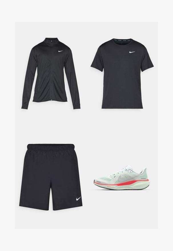 Černá sportovní bunda s dlouhými rukávy, límcem a plným zipem. Má decentní bílou logo značky Nike na horní levé části hrudi. Hladká textura.; Černé běžecké tričko Nike vyrobené z lehkého a prodyšného materiálu, s krátkými rukávy a malým bílým logem na hrudi.; Černé sportovní šortky vyrobené z lehkého materiálu s elastickým pasem. Na spodní levé straně mají malé bílé logo Nike.; Světlě zelená běžecká obuv Nike s síťovaným svrškem, s růžovou a bílou podrážkou, ukazující štíhlý, moderní design.
