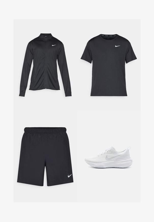 Jacket desportivo preto com mangas longas, colarinho e fecho zip completo. Apresenta um discreto logotipo da Nike em branco na parte superior do lado esquerdo do peito. Textura suave.; T-shirt de corrida Nike preto, feito de material leve e respirável, com mangas curtas e um pequeno logo branco no peito.; Calças de desporto pretas feitas de material leve com uma cintura elástica. Apresenta um pequeno logótipo branco da Nike no canto inferior esquerdo.; Sapatilha de corrida Nike branca, de cano baixo, tricotada, com sola espessa e almofadada e logótipo swoosh translúcido na lateral, apresentada de perfil.
