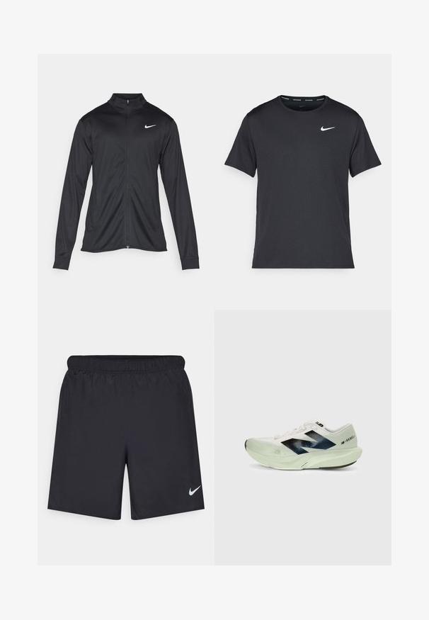 Črna atletska jakna z dolgimi rokavi, ovratnikom in polnim zadrgo. Vključuje diskreten bel Nike logotip na zgornjem levem delu prsnega koša. Gladka tekstura.; Črna tekaška majica Nike, izdelana iz lahkega in zračnega materiala, z kratkimi rokavi in majhnim belim logotipom na prsih.; Črne atletske kratke hlače iz lahkotnega materiala z elastičnim pasom. Imajo majhen bel Nike logo na spodnji levi strani.; Bele teniske za tek z prosojno mrežasto zgornjo plastjo, mornarsko modrimi detajli in svetlo zelenim podplatom. Imajo blažen podplat za udobje.