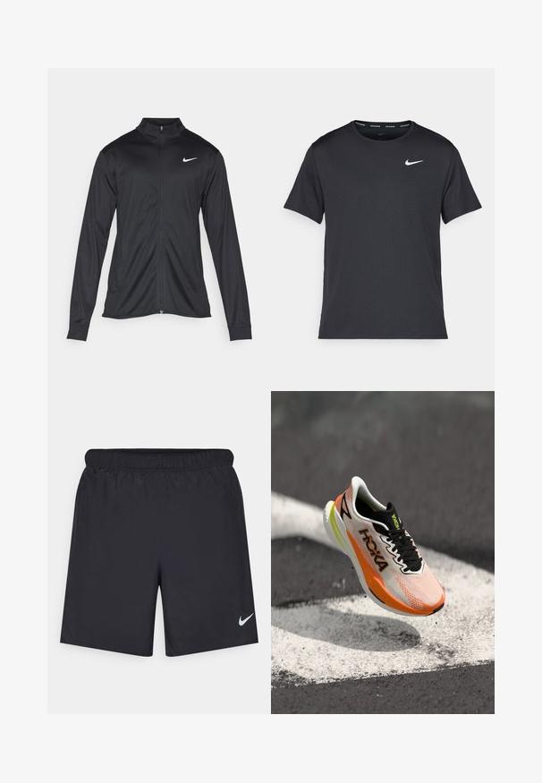 Giacca sportiva nera con maniche lunghe, colletto e zip completa. Presenta un logo Nike in bianco sulla parte superiore del lato sinistro del petto. Tessuto morbido.; Maglietta da corsa Nike nera realizzata in materiale leggero e traspirante, con maniche corte e un piccolo logo bianco sul petto.; Shorts sportivi neri realizzati in materiale leggero con vita elastica. Presentano un piccolo logo Nike bianco sul lato sinistro in basso.; Scarpa da corsa Hoka bianca e arancione con lacci neri e suola nera che fluttua su una superficie asfaltata con segnaletica stradale bianca.