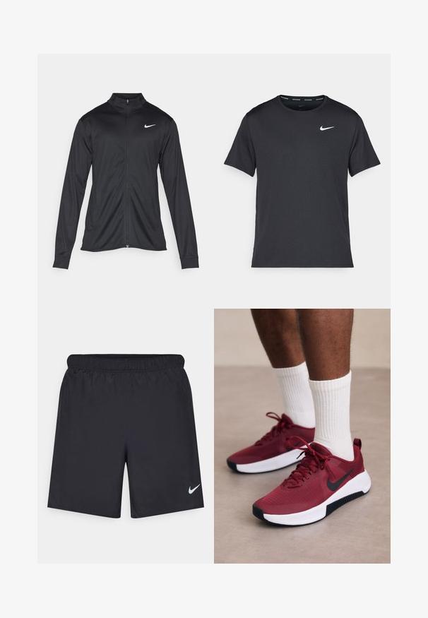 Chaqueta atlética negra con mangas largas, collar y cremallera completa. Presenta un sutil logo de Nike en blanco en la parte superior izquierda del pecho. Textura suave.; Camiseta de running negra de Nike, hecha de material ligero y transpirable, con mangas cortas y un pequeño logo blanco en el pecho.; Pantalones cortos deportivos negros hechos de un material ligero con una cintura elástica. Presenta un pequeño logo blanco de Nike en la parte inferior izquierda.; Zapatillas texturizadas rojas con un swoosh negro de Nike, suela blanca y acentos negros, combinadas con calcetines blancos de canalé.