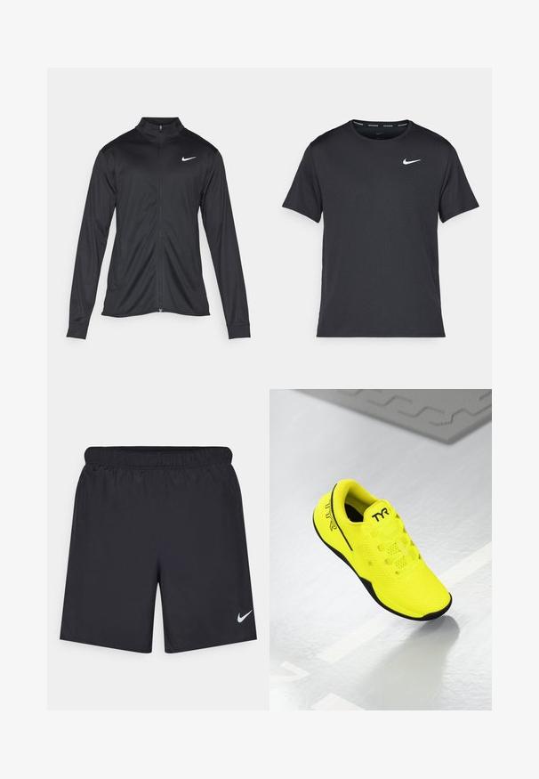 Sort atletisk jakke med lange ærmer, krave og fuld lynlås. Har et diskret Nike-logo i hvidt på den øverste venstre side af brystet. Glat tekstur.; Sort Nike løbe T-shirt lavet af let, åndbart materiale, med korte ærmer og et lille hvidt logo på brystet.; Sorte atletiske shorts lavet af letvægtsmateriale med en elastisk talje. Har et lille hvidt Nike-logo i nederste venstre hjørne.; Lys gul atletik sko med mesh-overdel, sort ydersål og TYR-logo på siden. Har en letvægtsdesign og snørelukning.