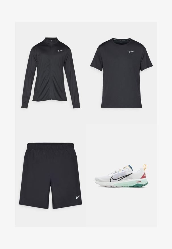 Black athletic jacket with long sleeves, collar, and full zipper. Features a subtle Nike logo in white on the upper left chest. Smooth texture.; Black Nike running T-shirt made of lightweight, breathable material, featuring short sleeves and a small white logo on the chest.; Black athletic shorts made of lightweight material with an elastic waistband. Features a small white Nike logo on the lower left side.; Nike Performance REACT TERRA KIGER 9 - Trail running shoes - white/black/court blue/cedar/alabaster