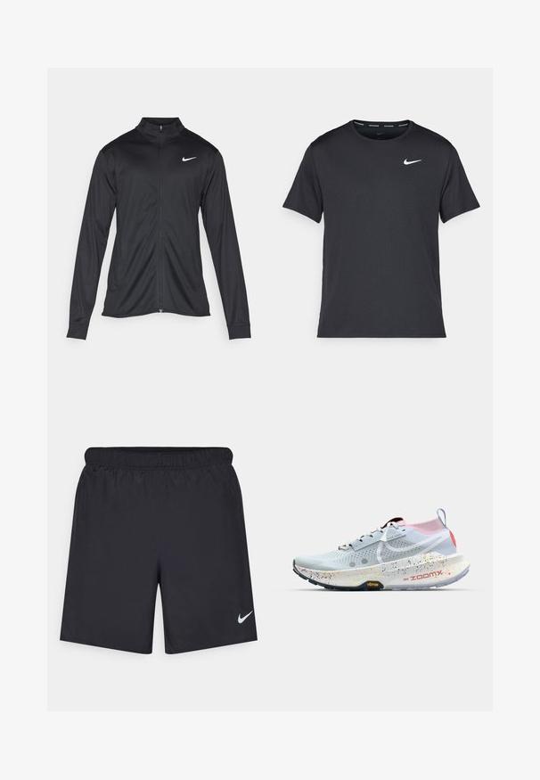 Must värvi sportlik jakk pikkade varrukatega, krae ja täispikk tõmblukk. Ülemises vasakus rinnas on diskreetne valge Nike logo. Sile tekstuur.; Mustamust Nike'i jooksupaita, mis on valmistatud kergest ja hingavast materjalist, lühikeste varrukatega ja mille rinnal on väike valge logo.; Mustad mustikud lühikesed püksid, mis on valmistatud kergest materjalist ja millel on elastne vöökoht. Alumisel vasakul küljel on väike valge Nike logo.; Nike ZoomX jooksujalats helesinisena roosa ja punase kandaga. Omab perforeritud ülemist osa, täppidega vahetald ja musta Vibrami välistald.
