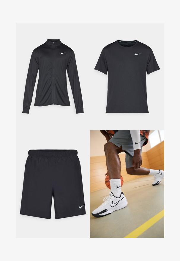 Melna sporta jaka ar garām piedurknēm, apkakli un pilnu rāvējslēdzēju. Uz kreisā krūts augšdaļas ir maigs Nike logo baltā krāsā. Gluda tekstūra.; Melna Nike skriešanas T-kreklā, kas izgatavots no viegla un elpojoša materiāla, ar īsām piedurknēm un mazu baltu logo uz krūtīm.; Melnas sporta šorti, izgatavoti no viegla materiāla, ar elastīgu jostu. Uz apakšējā kreisā stūra ir neliels balts Nike logo.; Nike basketbola apavi baltā krāsā ar melniem akcentiem, ar sieta augšdaļu un teksturētu zoli. Uzvilkti ar baltām Nike zīmola zeķēm un pelēkām šortiem.