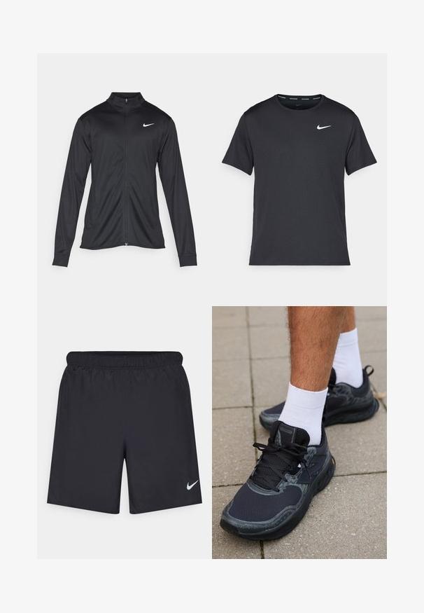 Schwarze Sportjacke mit langen Ärmeln, Kragen und voller Reißverschluss. Verfügt über ein dezentes Nike-Logo in Weiß auf der oberen linken Brust. Glatte Textur.; Schwarzes Nike Lauft-Shirt aus leichtem, atmungsaktivem Material, mit kurzen Ärmeln und einem kleinen weißen Logo auf der Brust.; Schwarze sportliche Shorts aus leichtem Material mit einem elastischen Bund. Auf der unteren linken Seite befindet sich ein kleines weißes Nike-Logo.; New Balance FRESH FOAM X HIERRO V8 - Laufschuh Trail - black