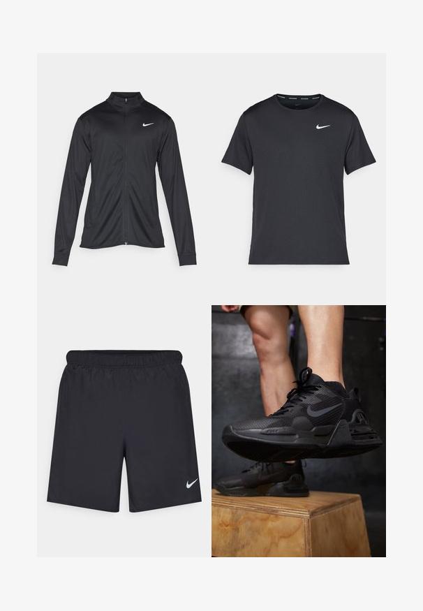 Chaqueta atlética negra con mangas largas, collar y cremallera completa. Presenta un sutil logo de Nike en blanco en la parte superior izquierda del pecho. Textura suave.; Camiseta de running negra de Nike, hecha de material ligero y transpirable, con mangas cortas y un pequeño logo blanco en el pecho.; Pantalones cortos deportivos negros hechos de un material ligero con una cintura elástica. Presenta un pequeño logo blanco de Nike en la parte inferior izquierda.; Las zapatillas deportivas negras cuentan con una parte superior de malla texturizada, suela resistente, un logo prominente y cordones, todo esto sobre una plataforma de madera.