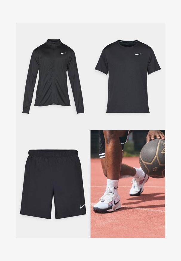 Crna sportska jakna s dugim rukavima, ovratnikom i punim patentnim zatvaračem. Ima suptilan Nike logo u bijeloj boji na gornjem lijevom dijelu prsne oznake. Glatka tekstura.; Crna Nike majica za trčanje napravljena od laganog, prozračnog materijala, s kratkim rukavima i malim bijelim logotipom na prsima.; Crne atletske kratke hlače od laganog materijala s elastičnom tačkom. Imaju mali bijeli Nike logo na donjoj lijevoj strani.; Bijele atletske tenisice s crnim i crvenim akcentima, s teksturiranim gornjim dijelom i prepoznatljivim swoosh logom, nose se na terenu s košarkaškom loptom.