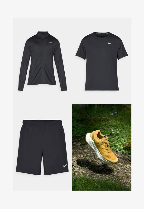 Melna sporta jaka ar garām piedurknēm, apkakli un pilnu rāvējslēdzēju. Uz kreisā krūts augšdaļas ir maigs Nike logo baltā krāsā. Gluda tekstūra.; Melna Nike skriešanas T-kreklā, kas izgatavots no viegla un elpojoša materiāla, ar īsām piedurknēm un mazu baltu logo uz krūtīm.; Melnas sporta šorti, izgatavoti no viegla materiāla, ar elastīgu jostu. Uz apakšējā kreisā stūra ir neliels balts Nike logo.; Dzeltenie Salomon skriešanas apavi lido virs grants ceļa, ko ieskauj zaļa zāle un mazi savvaļas ziedi dabīgā apgaismojumā.