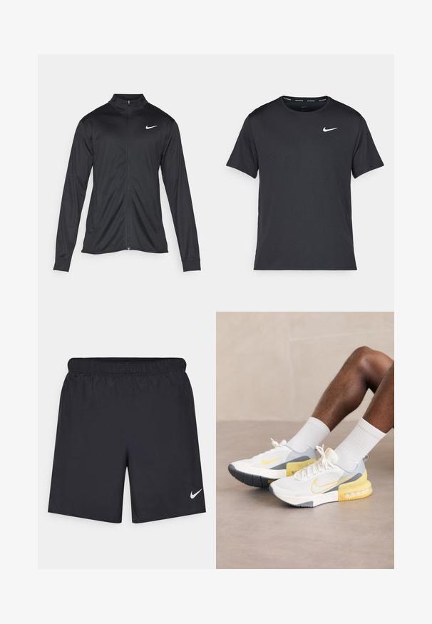 Fekete sportdzseki hosszú ujjal, gallérral és teljes cipzárral. Diszkrét fehér Nike logóval az upper bal mellen. Sima textúra.; Fekete Nike futó póló, könnyű, légáteresztő anyagból készült, rövid ujjú, és a mellkasán egy kicsi fehér logó található.; Fekete sportnadrág könnyű anyagból, rugalmas derékkal. A bal alsó oldalon egy kis fehér Nike-logó található.; Fehér hálós sportcipők szürke és sárga részletekkel, textúrázott talppal és jellegzetes Nike pipa logóval.