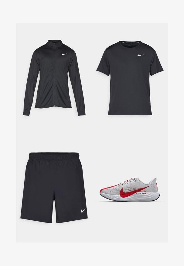 Juodas sportinis švarkas su ilgomis rankovėmis, apykakle ir pilnu užtrauktuku. Yra subtilus baltas Nike logotipas kairėje krūtinės pusėje. Lygus tekstūra.; Juodas Nike bėgimo marškinėlis, pagamintas iš lengvos, kvėpuojančios medžiagos, turintis trumpas rankoves ir mažą baltą logotipą ant krūtinės.; Juodos sportinės šortai, pagaminti iš lengvos medžiagos, su elastingu juosmeniu. Ant apatinės kairės pusės yra mažas baltas Nike logotipas.; Nike ZoomX bėgimo bateliai pasižymi pilku tinkleliu su raudonais akcentais, elegantišku dizainu ir minkštu baltu viduriu, sukurtu našumui.