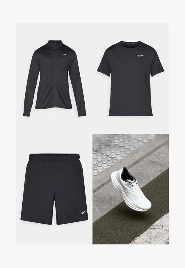 Giacca sportiva nera con maniche lunghe, colletto e zip completa. Presenta un logo Nike in bianco sulla parte superiore del lato sinistro del petto. Tessuto morbido.; Maglietta da corsa Nike nera realizzata in materiale leggero e traspirante, con maniche corte e un piccolo logo bianco sul petto.; Shorts sportivi neri realizzati in materiale leggero con vita elastica. Presentano un piccolo logo Nike bianco sul lato sinistro in basso.; Scarpa sportiva bianca con interno nero che fluttua sopra un marciapiede testurizzato e una strada asfaltata vicino a una pavimentazione tattile rialzata.