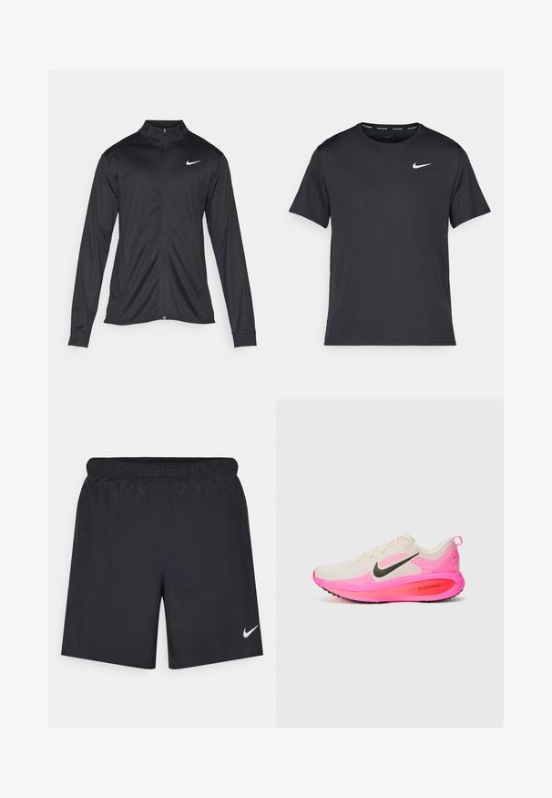 Giacca sportiva nera con maniche lunghe, colletto e zip completa. Presenta un logo Nike in bianco sulla parte superiore del lato sinistro del petto. Tessuto morbido.; Maglietta da corsa Nike nera realizzata in materiale leggero e traspirante, con maniche corte e un piccolo logo bianco sul petto.; Shorts sportivi neri realizzati in materiale leggero con vita elastica. Presentano un piccolo logo Nike bianco sul lato sinistro in basso.; Scarpe da corsa con tomaia color crema, Swoosh nero, dettagli rosa e una suola esterna di un brillante rosa con il marchio "zoomx". Materiale in rete leggero.