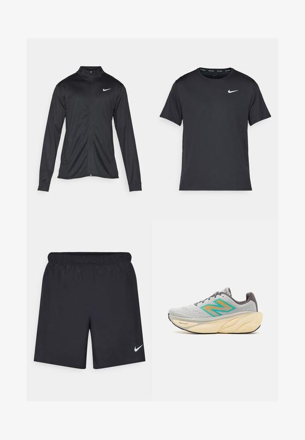 Musta urheilutakki pitkillä hihoilla, kauluksella ja kokonaisella vetoketjulla. Täydentää hienovarainen Nike-logo valkoisena vasemmassa ylärinnassa. Litteä pinta.; Musta Nike juoksupaita, joka on valmistettu kevyestä ja hengittävästä materiaalista. Paidassa on lyhyet hihnat ja pieni valkoinen logo rinnassa.; Mustat urheilushortsit, jotka on valmistettu kevyestä materiaalista ja joissa on joustava vyötärö. Alareunassa vasemmalla puolella on pieni valkoinen Nike-logo.; New Balance FRESH FOAM X MORE V4 - Katujuoksukengät - grey