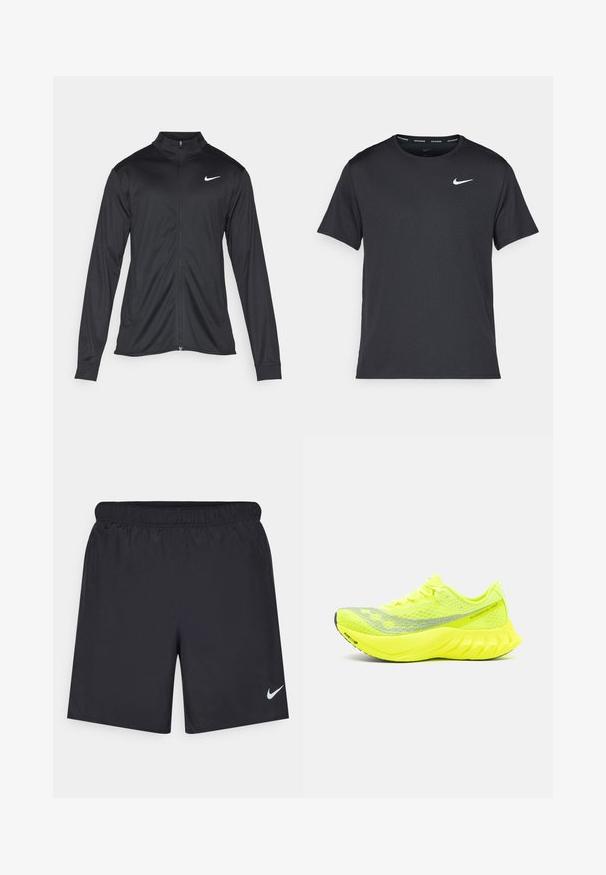 Veste de sport noire à manches longues, avec col et fermeture éclair intégrale. Présente un logo Nike subtil en blanc sur le côté supérieur gauche de la poitrine. Texture lisse.; T-shirt de course noir Nike en matériau léger et respirant, avec des manches courtes et un petit logo blanc sur la poitrine.; Shorts de sport noirs en matériau léger avec une taille élastique. Présente un petit logo Nike blanc sur le bas du côté gauche.; Saucony ENDORPHIN PRO 4 - Chaussures de running sur route - citron/silver