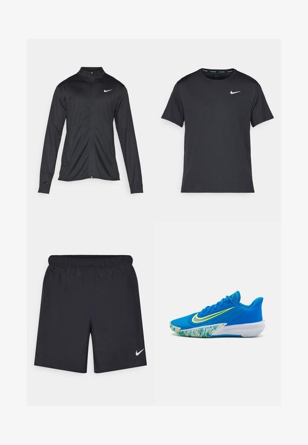 Črna atletska jakna z dolgimi rokavi, ovratnikom in polnim zadrgo. Vključuje diskreten bel Nike logotip na zgornjem levem delu prsnega koša. Gladka tekstura.; Črna tekaška majica Nike, izdelana iz lahkega in zračnega materiala, z kratkimi rokavi in majhnim belim logotipom na prsih.; Črne atletske kratke hlače iz lahkotnega materiala z elastičnim pasom. Imajo majhen bel Nike logo na spodnji levi strani.; Modra športna čevlja z teksturirano zgornjimi deli, neonsko rumenimi poudarki in vzorčastim podplatom v odtenkih modre in zelene. Gladek, eleganten dizajn.