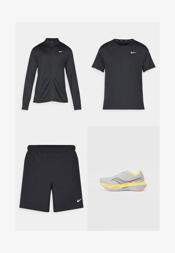Juodas sportinis švarkas su ilgomis rankovėmis, apykakle ir pilnu užtrauktuku. Yra subtilus baltas Nike logotipas kairėje krūtinės pusėje. Lygus tekstūra.; Juodas Nike bėgimo marškinėlis, pagamintas iš lengvos, kvėpuojančios medžiagos, turintis trumpas rankoves ir mažą baltą logotipą ant krūtinės.; Juodos sportinės šortai, pagaminti iš lengvos medžiagos, su elastingu juosmeniu. Ant apatinės kairės pusės yra mažas baltas Nike logotipas.; Šviesiai pilki sportiniai bateliai su tinkline viršūne, juodu logotipu ir spalvingu geltonos bei oranžinės spalvų gradientu tarplamėje. Guma padą, užtikrinanti sukibimą.