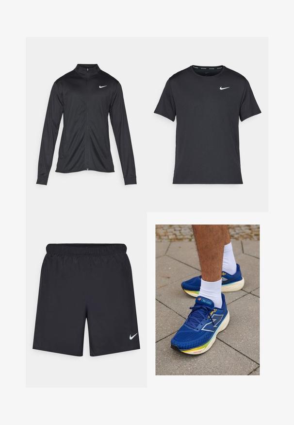 Must värvi sportlik jakk pikkade varrukatega, krae ja täispikk tõmblukk. Ülemises vasakus rinnas on diskreetne valge Nike logo. Sile tekstuur.; Mustamust Nike'i jooksupaita, mis on valmistatud kergest ja hingavast materjalist, lühikeste varrukatega ja mille rinnal on väike valge logo.; Mustad mustikud lühikesed püksid, mis on valmistatud kergest materjalist ja millel on elastne vöökoht. Alumisel vasakul küljel on väike valge Nike logo.; Sinised spordijalatsid, millel on võrgutüüp ülemine osa, peegeldavad detailid, valged paelad ja mitme värviga pehmendatud tallad. Kandmine valgete sokkidega.