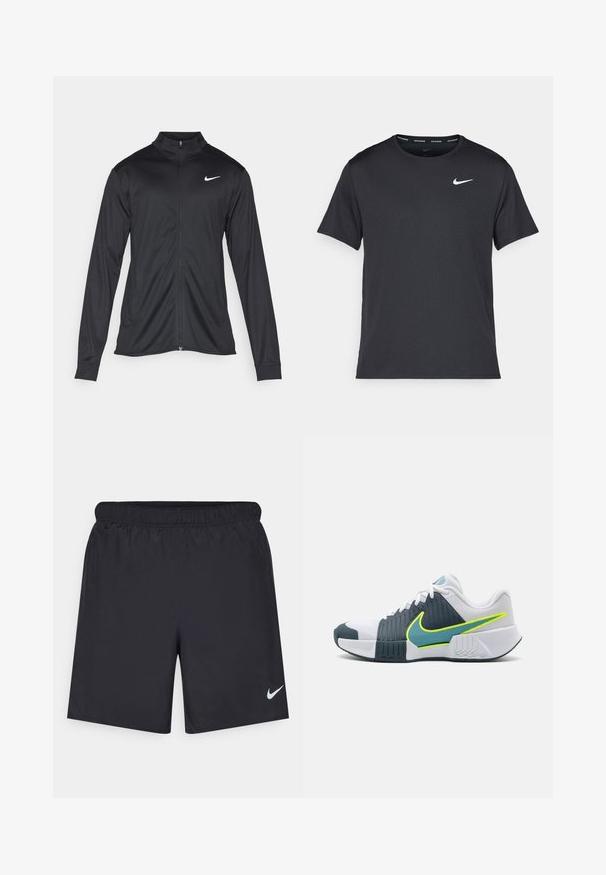 Juodas sportinis švarkas su ilgomis rankovėmis, apykakle ir pilnu užtrauktuku. Yra subtilus baltas Nike logotipas kairėje krūtinės pusėje. Lygus tekstūra.; Juodas Nike bėgimo marškinėlis, pagamintas iš lengvos, kvėpuojančios medžiagos, turintis trumpas rankoves ir mažą baltą logotipą ant krūtinės.; Juodos sportinės šortai, pagaminti iš lengvos medžiagos, su elastingu juosmeniu. Ant apatinės kairės pusės yra mažas baltas Nike logotipas.; Nike sportiniai bateliai su balta ir tamsiai mėlyna viršutine dalimi, tekstūruotais akcentais, neoninės žalios spalvos Swoosh ženklu ir raštuota padu geresniam sukibimui.