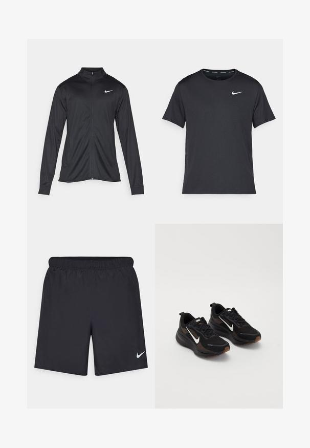 Černá sportovní bunda s dlouhými rukávy, límcem a plným zipem. Má decentní bílou logo značky Nike na horní levé části hrudi. Hladká textura.; Černé běžecké tričko Nike vyrobené z lehkého a prodyšného materiálu, s krátkými rukávy a malým bílým logem na hrudi.; Černé sportovní šortky vyrobené z lehkého materiálu s elastickým pasem. Na spodní levé straně mají malé bílé logo Nike.; Černé sportovní boty s prodyšnou síťovanou svrchní částí, bílým logem Nike, texturovanou podešví a kontrastními hnědými akcenty. Obsahují zesílenou patu.