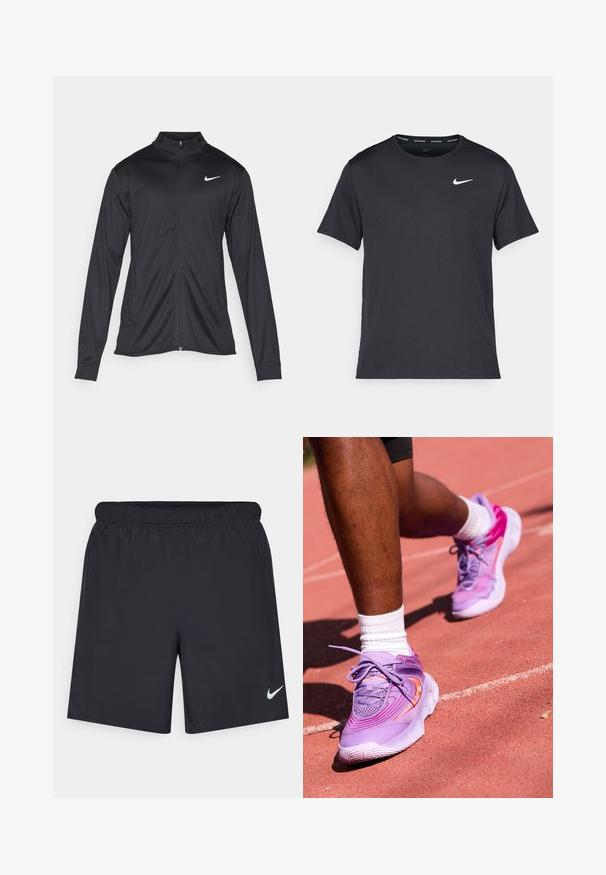 Čierna športová bunda s dlhými rukávmi, golierom a plným zipsom. Obsahuje nenápadné logo Nike v bielej farbe na hornej ľavej hrudi. Hladká textúra.; Čierne bežecké tričko Nike vyrobené z ľahkého a priedušného materiálu, s krátkymi rukávmi a malým bielym logom na hrudi.; Čierne atletické šortky z ľahkého materiálu s elastickým pásom. Na dolnej ľavej strane majú malé biele logo Nike.; Nike Performance GIANNIS IMMORTALITY 4 - Basketbalová obuv - black raspberry/aster pink/hot punch