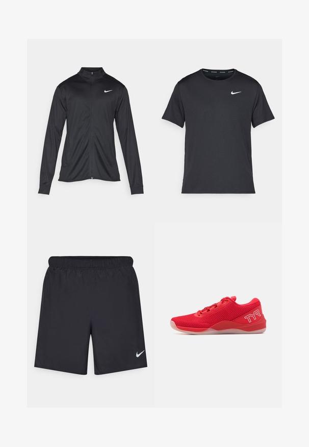 Černá sportovní bunda s dlouhými rukávy, límcem a plným zipem. Má decentní bílou logo značky Nike na horní levé části hrudi. Hladká textura.; Černé běžecké tričko Nike vyrobené z lehkého a prodyšného materiálu, s krátkými rukávy a malým bílým logem na hrudi.; Černé sportovní šortky vyrobené z lehkého materiálu s elastickým pasem. Na spodní levé straně mají malé bílé logo Nike.; TYR CXT2 - Sportovní boty - red/white