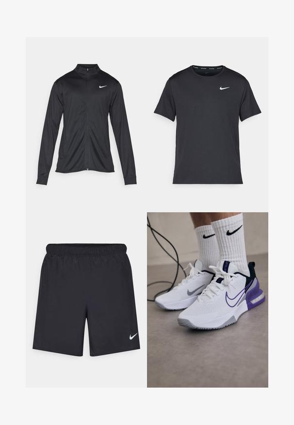 Juodas sportinis švarkas su ilgomis rankovėmis, apykakle ir pilnu užtrauktuku. Yra subtilus baltas Nike logotipas kairėje krūtinės pusėje. Lygus tekstūra.; Juodas Nike bėgimo marškinėlis, pagamintas iš lengvos, kvėpuojančios medžiagos, turintis trumpas rankoves ir mažą baltą logotipą ant krūtinės.; Juodos sportinės šortai, pagaminti iš lengvos medžiagos, su elastingu juosmeniu. Ant apatinės kairės pusės yra mažas baltas Nike logotipas.; Balti sportiniai bateliai su tinklo viršumi, purpuriniais akcentais ir pilku padu. Aviami su baltais raištiniais kojinėmis, ant kurių yra juodas logotipas. Šalia guli laidas.