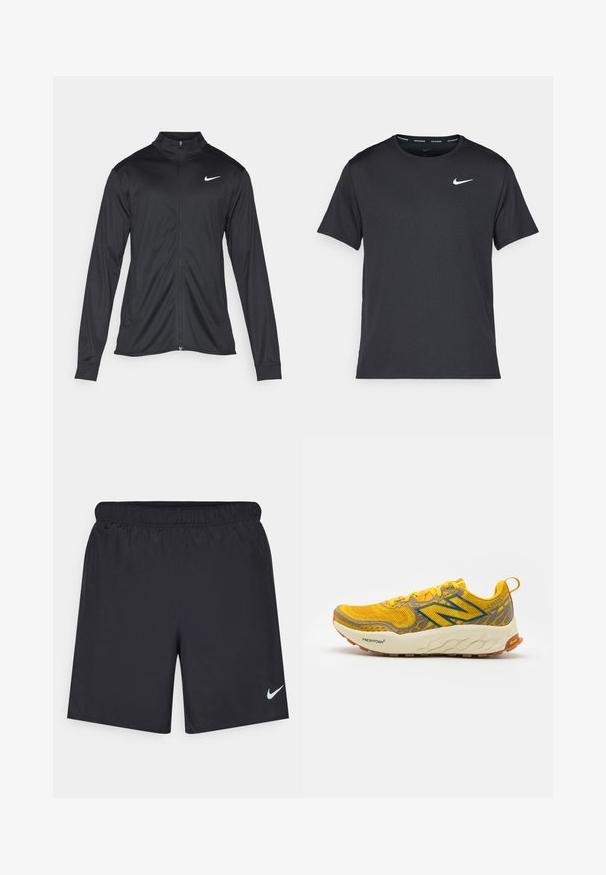 Veste de sport noire à manches longues, avec col et fermeture éclair intégrale. Présente un logo Nike subtil en blanc sur le côté supérieur gauche de la poitrine. Texture lisse.; T-shirt de course noir Nike en matériau léger et respirant, avec des manches courtes et un petit logo blanc sur la poitrine.; Shorts de sport noirs en matériau léger avec une taille élastique. Présente un petit logo Nike blanc sur le bas du côté gauche.; Baskets de course jaunes avec accents gris, tige en mesh respirant, design texturé, semelle intermédiaire rembourrée et semelle extérieure en caoutchouc. Étiquette "Fresh Foam" visible.