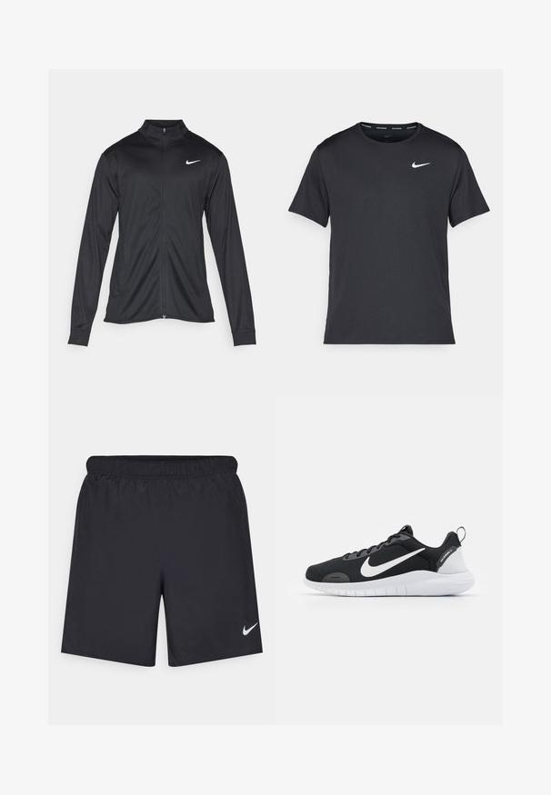 Musta urheilutakki pitkillä hihoilla, kauluksella ja kokonaisella vetoketjulla. Täydentää hienovarainen Nike-logo valkoisena vasemmassa ylärinnassa. Litteä pinta.; Musta Nike juoksupaita, joka on valmistettu kevyestä ja hengittävästä materiaalista. Paidassa on lyhyet hihnat ja pieni valkoinen logo rinnassa.; Mustat urheilushortsit, jotka on valmistettu kevyestä materiaalista ja joissa on joustava vyötärö. Alareunassa vasemmalla puolella on pieni valkoinen Nike-logo.; Musta urheilukenkä, jossa on verkkomateriaali, valkoinen Nike-swoosh-logo, teksturoituja yksityiskohtia ja valkoinen kumipohja. Varustettu vetonauhalla kantapäässä.