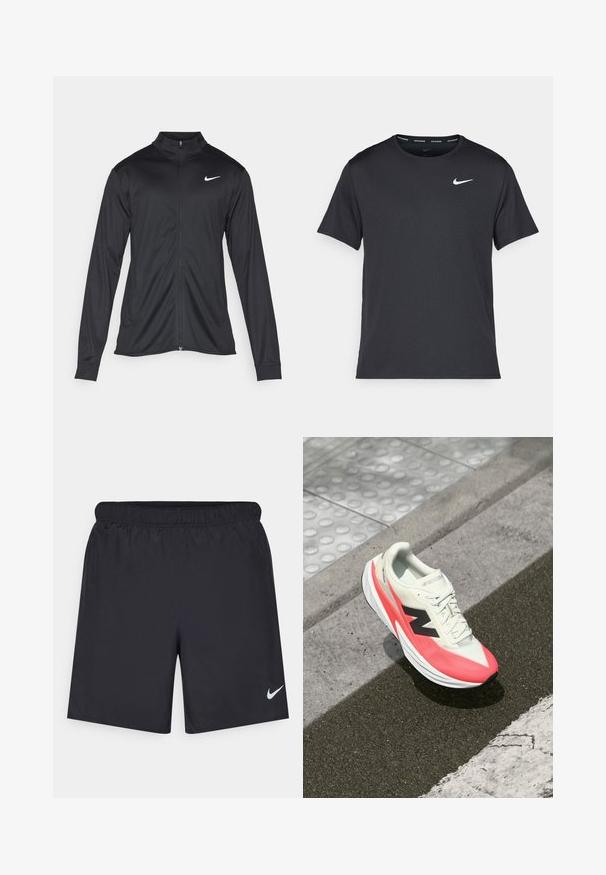 Melna sporta jaka ar garām piedurknēm, apkakli un pilnu rāvējslēdzēju. Uz kreisā krūts augšdaļas ir maigs Nike logo baltā krāsā. Gluda tekstūra.; Melna Nike skriešanas T-kreklā, kas izgatavots no viegla un elpojoša materiāla, ar īsām piedurknēm un mazu baltu logo uz krūtīm.; Melnas sporta šorti, izgatavoti no viegla materiāla, ar elastīgu jostu. Uz apakšējā kreisā stūra ir neliels balts Nike logo.; Viegls skriešanas apavu modelis ar krēmkrāsas augšdaļu, rozā akcentiem un melnu logotipu. Tam ir plūdena forma un teksturēta zole, kas nodrošina saķeri.