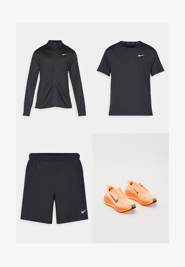 Melna sporta jaka ar garām piedurknēm, apkakli un pilnu rāvējslēdzēju. Uz kreisā krūts augšdaļas ir maigs Nike logo baltā krāsā. Gluda tekstūra.; Melna Nike skriešanas T-kreklā, kas izgatavots no viegla un elpojoša materiāla, ar īsām piedurknēm un mazu baltu logo uz krūtīm.; Melnas sporta šorti, izgatavoti no viegla materiāla, ar elastīgu jostu. Uz apakšējā kreisā stūra ir neliels balts Nike logo.; Spilgti oranži Nike ZoomX skriešanas apavi ar melnajiem swoosh logotipiem un bieziem mīkstajiem zoleņiem uz balta fona.