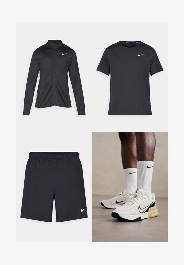 Črna atletska jakna z dolgimi rokavi, ovratnikom in polnim zadrgo. Vključuje diskreten bel Nike logotip na zgornjem levem delu prsnega koša. Gladka tekstura.; Črna tekaška majica Nike, izdelana iz lahkega in zračnega materiala, z kratkimi rokavi in majhnim belim logotipom na prsih.; Črne atletske kratke hlače iz lahkotnega materiala z elastičnim pasom. Imajo majhen bel Nike logo na spodnji levi strani.; Beli mrežasti tenisiki z črnimi akcenti in rumenim medijskim podplatom. Ribane bele Nike nogavice. Teksturiran podplat za izboljšano oprijemljivost.