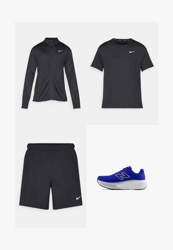 Jacket desportivo preto com mangas longas, colarinho e fecho zip completo. Apresenta um discreto logotipo da Nike em branco na parte superior do lado esquerdo do peito. Textura suave.; T-shirt de corrida Nike preto, feito de material leve e respirável, com mangas curtas e um pequeno logo branco no peito.; Calças de desporto pretas feitas de material leve com uma cintura elástica. Apresenta um pequeno logótipo branco da Nike no canto inferior esquerdo.; Ténis atléticos roxos com parte superior em malha respirável, entressola branca curva e sola preta. Acento de logótipo prateado na lateral.