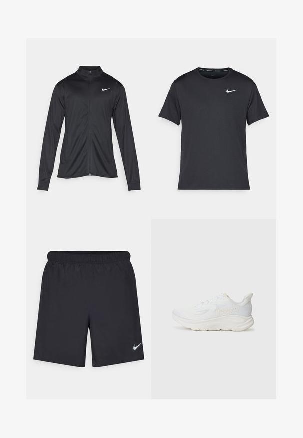 Jacket desportivo preto com mangas longas, colarinho e fecho zip completo. Apresenta um discreto logotipo da Nike em branco na parte superior do lado esquerdo do peito. Textura suave.; T-shirt de corrida Nike preto, feito de material leve e respirável, com mangas curtas e um pequeno logo branco no peito.; Calças de desporto pretas feitas de material leve com uma cintura elástica. Apresenta um pequeno logótipo branco da Nike no canto inferior esquerdo.; Sapatilha de corrida branca com parte superior em malha texturizada, sola espessa e acolchoada, e logo embossado na lateral. Design com atacadores para um ajuste seguro.