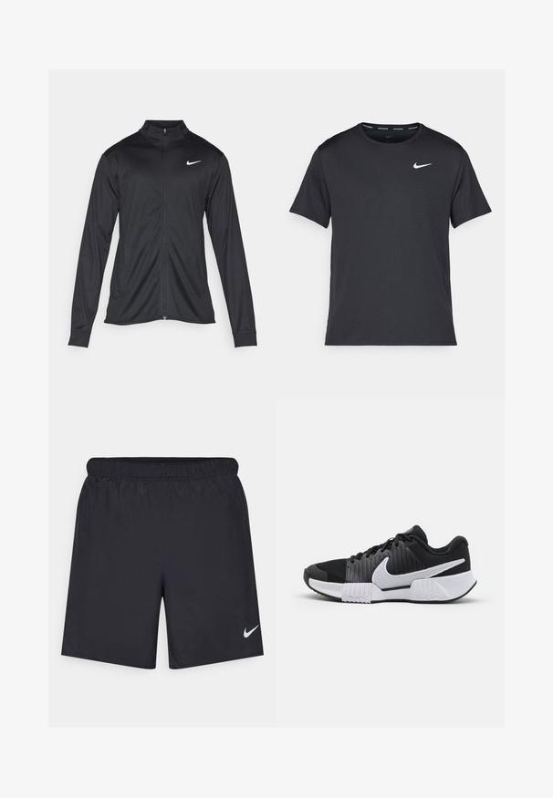 Fekete sportdzseki hosszú ujjal, gallérral és teljes cipzárral. Diszkrét fehér Nike logóval az upper bal mellen. Sima textúra.; Fekete Nike futó póló, könnyű, légáteresztő anyagból készült, rövid ujjú, és a mellkasán egy kicsi fehér logó található.; Fekete sportnadrág könnyű anyagból, rugalmas derékkal. A bal alsó oldalon egy kis fehér Nike-logó található.; Fekete-fehér sportcipők, texturált felsőrésszel, megerősített sarokkal és kiemelkedő swoosh logóval. Síma talp mintás tapadással.