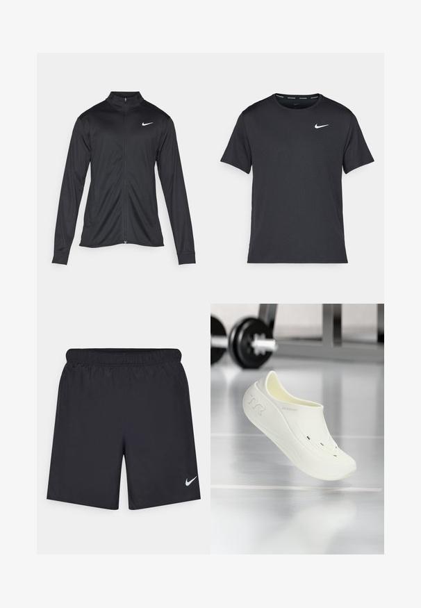 Μαύρο αθλητικό μπουφάν με μακριά μανίκια, γιακά και πλήρη φερμουάρ. Διαθέτει ένα διακριτικό λευκό λογότυπο της Nike στη πάνω αριστερή πλευρά του στήθους. Λείος υφασμάτινος χαρακτήρας.; Μαύρη αθλητική μπλούζα Nike από ελαφρύ, αναπνέον υλικό, με κοντά μανίκια και μικρό λευκό λογότυπο στο στήθος.; Μαύρες αθλητικές βερμούδες από ελαφρύ υλικό με ελαστική μέση. Διαθέτουν ένα μικρό λευκό λογότυπο Nike στην κάτω αριστερή πλευρά.; Λευκό πανιάνο παπούτσι με ομαλή, υφασμάτινη επιφάνεια, διαθέτει δύο αεριστικές τρύπες και καμπυλωτό σχέδιο. Το λογότυπο της μάρκας είναι ορατό στο πλάι.