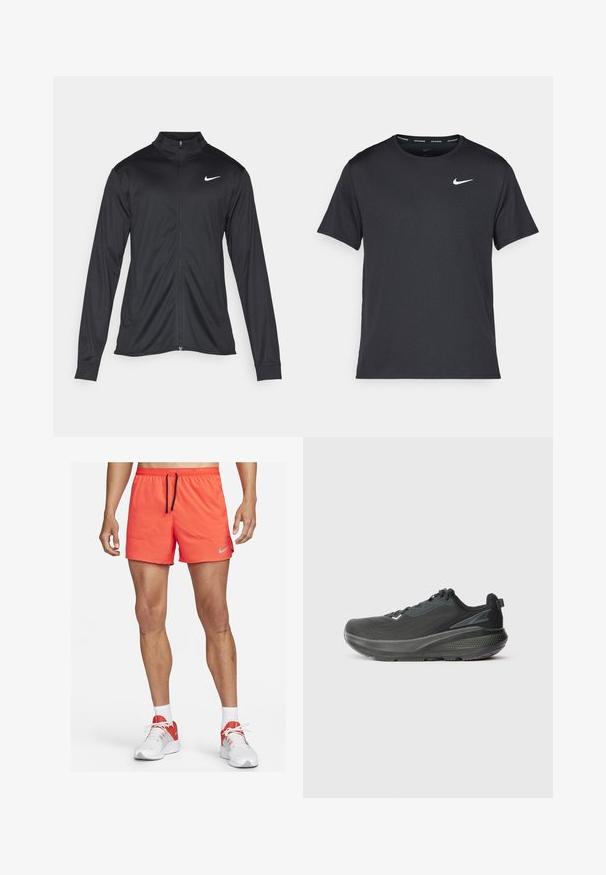 Zwarte sportjack met lange mouwen, kraag en volle rits. Voorzien van een subtiele Nike-logo in het wit op de bovenste linkerborst. Soepele textuur.; Zwarte Nike hardloop T-shirt gemaakt van lichtgewicht, ademend materiaal, met korte mouwen en een klein wit logo op de borst.; Nike heren hardloopshorts in fel oranje, met een elastische tailleband met trekkoord, zijzakken en een klein grijs logo-accent.; Zwarte sportieve schoen met een ademend mesh bovenwerk, textuur in de zool en een ondersteunend tussenzoolontwerp. Reflecterende accenten zijn aanwezig.