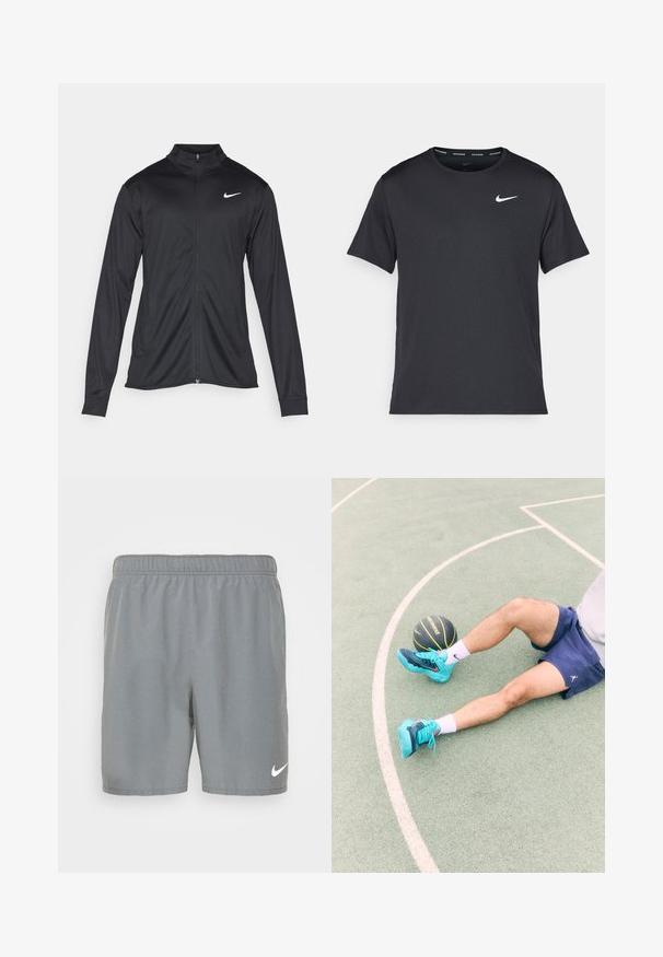 Černá sportovní bunda s dlouhými rukávy, límcem a plným zipem. Má decentní bílou logo značky Nike na horní levé části hrudi. Hladká textura.; Černé běžecké tričko Nike vyrobené z lehkého a prodyšného materiálu, s krátkými rukávy a malým bílým logem na hrudi.; Šedé sportovní šortky vyrobené z hladkého materiálu, s elastickým pasem a bílým logem Nike na dolní přední pravé straně.; Zelené sportovní boty v barvě tyrkysové s černými a modrými detaily, šortky a bílé ponožky, sedící na zeleném hřišti vedle černého basketbalového míče.