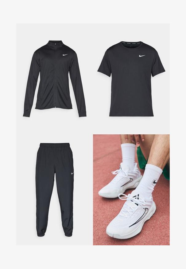 Melna sporta jaka ar garām piedurknēm, apkakli un pilnu rāvējslēdzēju. Uz kreisā krūts augšdaļas ir maigs Nike logo baltā krāsā. Gluda tekstūra.; Melna Nike skriešanas T-kreklā, kas izgatavots no viegla un elpojoša materiāla, ar īsām piedurknēm un mazu baltu logo uz krūtīm.; Melnas sporta bikses, izgatavotas no viegla auduma, ar elastīgu jostasvietu, potīšu malām un diskretu Nike logo kreisajā pusē.; Baltas sporta apavus ar teksturētu dizainu, kuriem ir melni akcenti un šņorējumi. Uzliekti ar baltām ribām šķērsām zeķēm uz sarkanas virsmas.