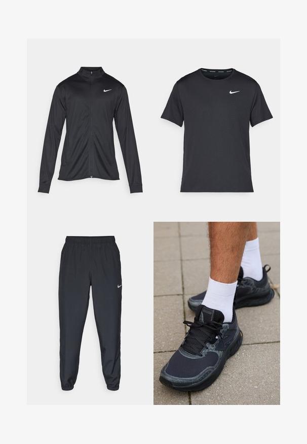 Veste de sport noire à manches longues, avec col et fermeture éclair intégrale. Présente un logo Nike subtil en blanc sur le côté supérieur gauche de la poitrine. Texture lisse.; T-shirt de course noir Nike en matériau léger et respirant, avec des manches courtes et un petit logo blanc sur la poitrine.; Pantalon de jogging noir en tissu léger avec une ceinture élastique, des poignets aux chevilles et un logo Nike discret sur le côté gauche.; New Balance FRESH FOAM X HIERRO V8 - Chaussures de running - black
