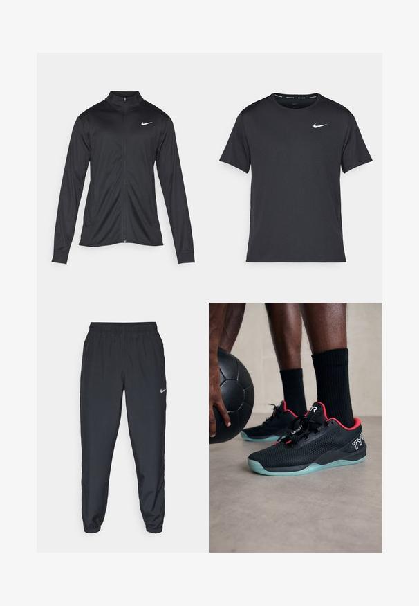 Zwarte sportjack met lange mouwen, kraag en volle rits. Voorzien van een subtiele Nike-logo in het wit op de bovenste linkerborst. Soepele textuur.; Zwarte Nike hardloop T-shirt gemaakt van lichtgewicht, ademend materiaal, met korte mouwen en een klein wit logo op de borst.; Zwarte trainingsbroek van lichtgewicht materiaal met een elastische tailleband, enkelmanchetten en een discreet Nike-logo aan de linkerkant.; Zwarte sport schoenen met rode accenten, bovenwerk van mesh, vetersluiting ontwerp en een lichtblauwe doorzichtige zool, naast een zwarte bal.
