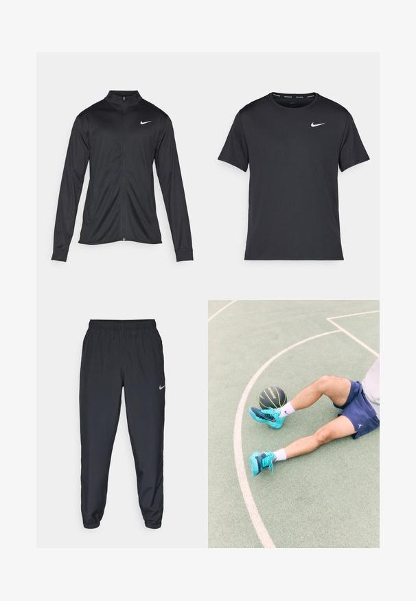 Schwarze Sportjacke mit langen Ärmeln, Kragen und voller Reißverschluss. Verfügt über ein dezentes Nike-Logo in Weiß auf der oberen linken Brust. Glatte Textur.; Schwarzes Nike Lauft-Shirt aus leichtem, atmungsaktivem Material, mit kurzen Ärmeln und einem kleinen weißen Logo auf der Brust.; Schwarze Trainingshose aus einem leichten Stoff mit elastischem Bund, Knöchelabschlüssen und einem dezenten Nike-Logo auf der linken Seite.; Türkise Sportschuhe mit schwarzen und blauen Akzenten, Shorts und weißen Socken, die auf einem grünen Platz sitzen, mit einem schwarzen Basketball in der Nähe.