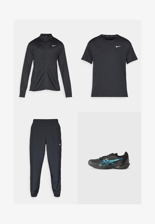 Melna sporta jaka ar garām piedurknēm, apkakli un pilnu rāvējslēdzēju. Uz kreisā krūts augšdaļas ir maigs Nike logo baltā krāsā. Gluda tekstūra.; Melna Nike skriešanas T-kreklā, kas izgatavots no viegla un elpojoša materiāla, ar īsām piedurknēm un mazu baltu logo uz krūtīm.; Melnas sporta bikses, izgatavotas no viegla auduma, ar elastīgu jostasvietu, potīšu malām un diskretu Nike logo kreisajā pusē.; ASICS SOLUTION SPEED FF 3 - Vairāku kortu tenisa apavi - black/prism blue