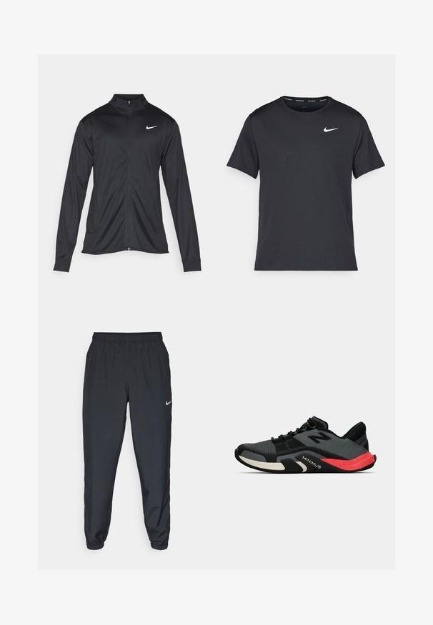 Black athletic jacket with long sleeves, collar, and full zipper. Features a subtle Nike logo in white on the upper left chest. Smooth texture.; Black Nike running T-shirt made of lightweight, breathable material, featuring short sleeves and a small white logo on the chest.; Black track pants made from lightweight fabric with an elastic waistband, ankle cuffs, and a discreet Nike logo on the left side.; Black athletic shoe with mesh upper, grey accents, and a red speckled sole. Features a low profile and minimalistic design.