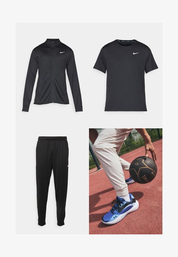 Fekete sportdzseki hosszú ujjal, gallérral és teljes cipzárral. Diszkrét fehér Nike logóval az upper bal mellen. Sima textúra.; Fekete Nike futó póló, könnyű, légáteresztő anyagból készült, rövid ujjú, és a mellkasán egy kicsi fehér logó található.; Fekete sportos nadrág sima anyagból, rugalmas derékkal, szűkülő lábakkal és egy kis fehér logóval a bal oldalon.; Kék sportcipők fekete pipa logóval, texturált felsőrésszel és fehér talppal. Fehér nadrág elasztikus mandzsettával, leterítve egy piros pálya felületén.