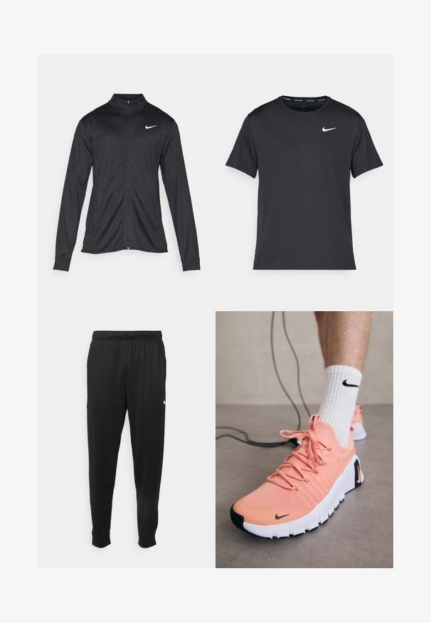 Svart idrettsjakke med lange ermer, krage og full glidelås. Har en subtil Nike-logo i hvitt på øvre venstre bryst. Glatt tekstur.; Svart Nike løpe-T-skjorte laget av lett, pustende stoff, med korte ermer og en liten hvit logo på brystet.; Svarte treningsbukser laget av glatt stoff, med elastisk midje, smale ben og en liten hvit logo på venstre side.; Nike joggesko har en lett, ferskenfarget mesh-overdel, hvit såle med svarte detaljer og rosa snører. Designet er minimalistisk.