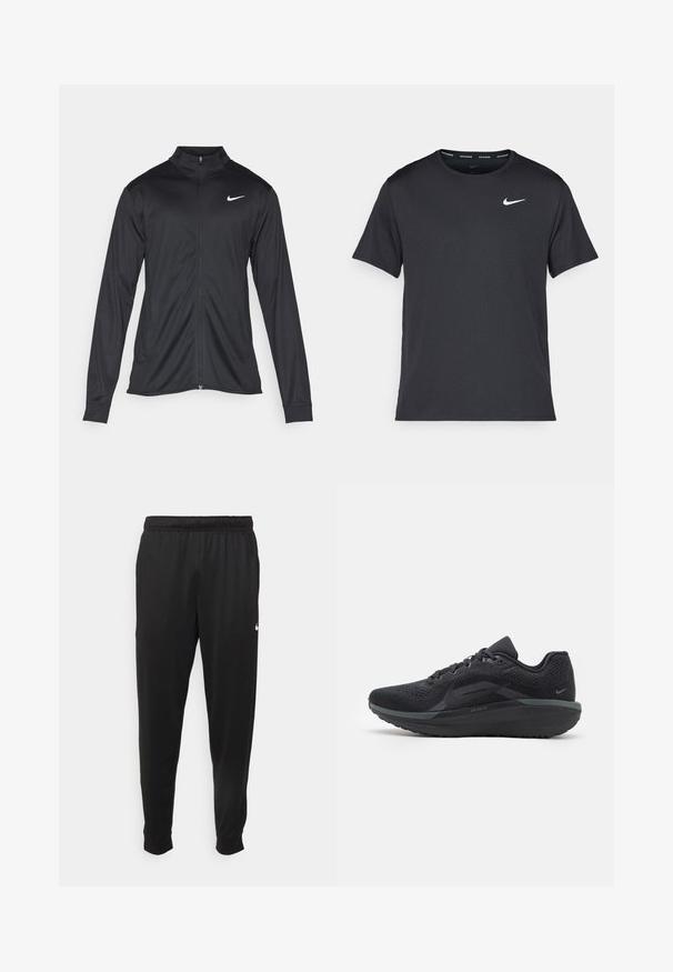Jachetă sportivă neagră cu mâneci lungi, guler și fermoar complet. Prezintă un logo Nike subtil, alb, pe pieptul din stânga sus. Textură netedă.; Tricou de alergare Nike negru, fabricat dintr-un material ușor și respirabil, cu mâneci scurte și un mic logo alb pe piept.; Pantaloni sportivi negri dintr-o țesătură netedă, cu un elastic la brâu, picioare conice și un mic logo alb pe partea stângă.; Pantof lung sportiv negru cu un superior din plasă respirabilă, detalii texturate, talpă căptușită și accente reflectorizante. Viziunea laterală arată un design aerodinamic.