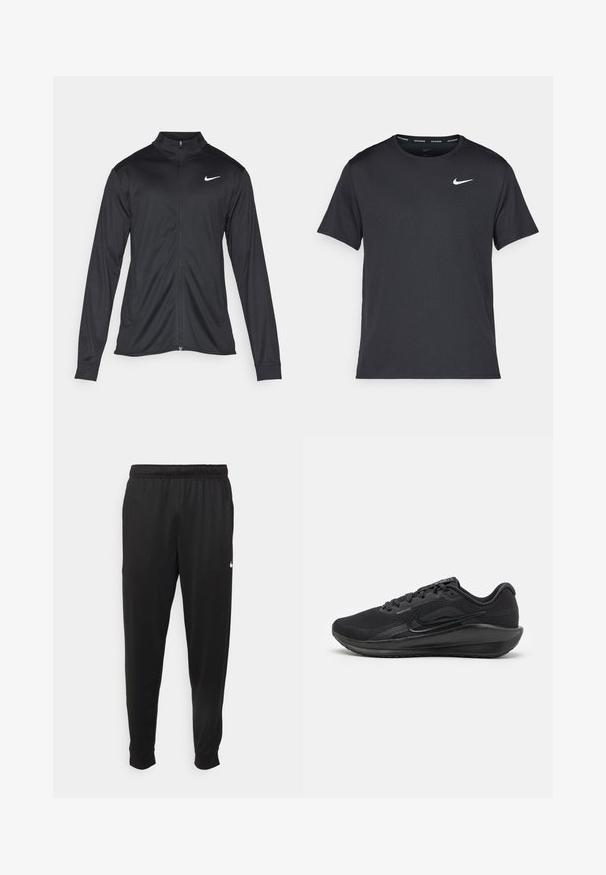 Giacca sportiva nera con maniche lunghe, colletto e zip completa. Presenta un logo Nike in bianco sulla parte superiore del lato sinistro del petto. Tessuto morbido.; Maglietta da corsa Nike nera realizzata in materiale leggero e traspirante, con maniche corte e un piccolo logo bianco sul petto.; Pantaloni sportivi neri realizzati in tessuto liscio, con una vita elastica, gambe affusolate e un piccolo logo bianco sul lato sinistro.; Scarpe sportive nere realizzate in mesh e materiali sintetici, caratterizzate da un design aerodinamico, colletto imbottito e suola in gomma con trazione.
