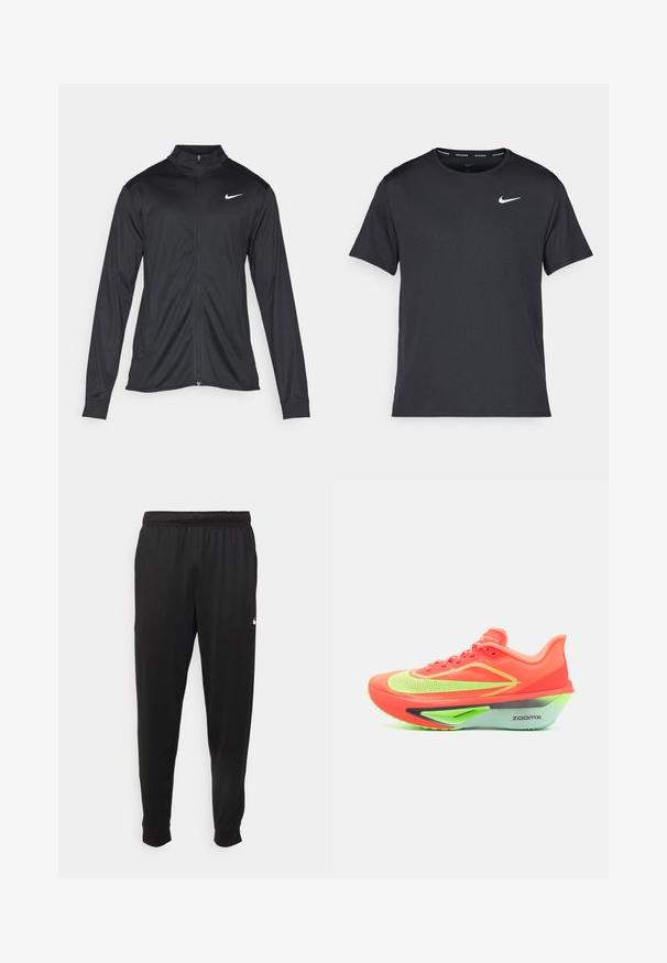 Veste de sport noire à manches longues, avec col et fermeture éclair intégrale. Présente un logo Nike subtil en blanc sur le côté supérieur gauche de la poitrine. Texture lisse.; T-shirt de course noir Nike en matériau léger et respirant, avec des manches courtes et un petit logo blanc sur la poitrine.; Pantalon de sport noir en tissu lisse, avec une taille élastique, des jambes fuselées et un petit logo blanc sur le côté gauche.; Basket de course avec un empiècement orange vif, des accents vert fluo, un design épuré et une semelle distinctive grise et verte, étiquetée "ZOOMX."